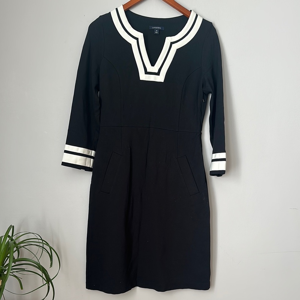 Lands' End Women's Dress Size 10 Black Long Sleeve White Trim Front Pockets
